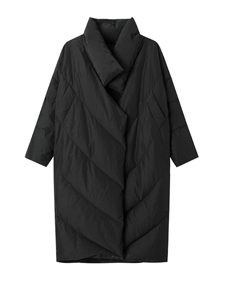 [EAM] Loose Fit Black Long Down Jacket New Stand Collar Long Sleeve Warm Women Parkas Fashion Tide Autumn Winter 2025 1DD1640