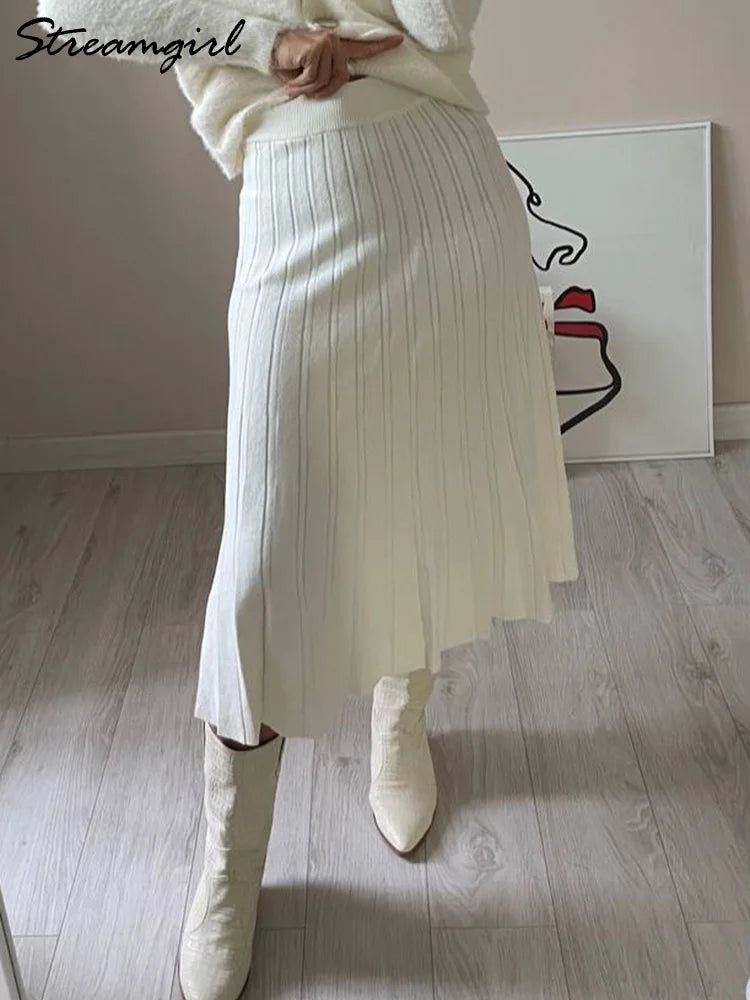 Women Pleated Knit Skirt Long Autumn Winter Elastic Waist White Maxi Skirts For Women Solid Gray Women's Knitted Long Skirt