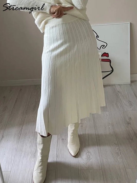 Women Pleated Knit Skirt Long Autumn Winter Elastic Waist White Maxi Skirts For Women Solid Gray Women's Knitted Long Skirt