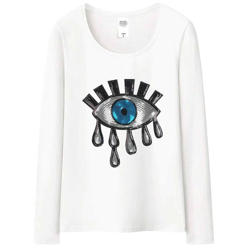 New Summer  Women Cotton Tears T Shirts Ladies Big Eyes Embroidery Sequins T-shirt Loose Style Casual Tshirt Women Casual Tops