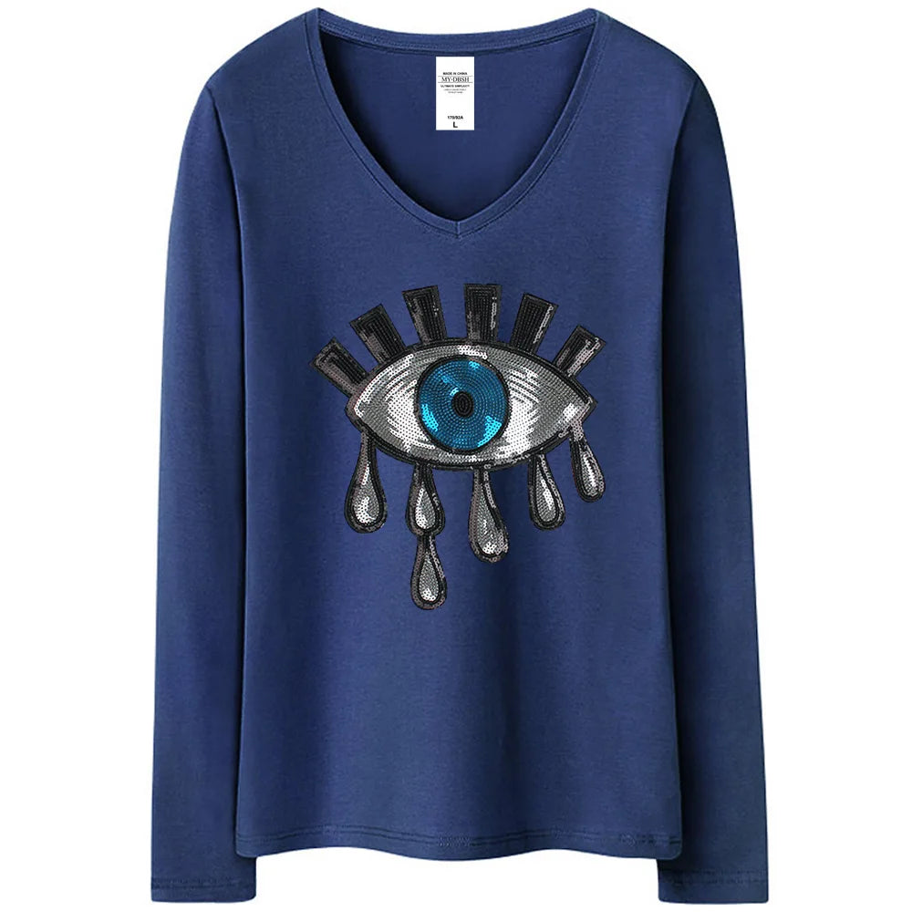 New Summer  Women Cotton Tears T Shirts Ladies Big Eyes Embroidery Sequins T-shirt Loose Style Casual Tshirt Women Casual Tops