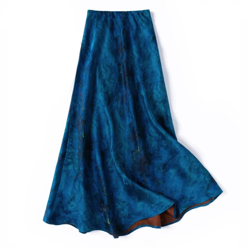 2025 Women's Fashion Spring New 100% Natural Mulberry Silk HuaLuo Gambiered Guangdong Gauze Slant Cut Slim Blue Big Swing Skirt