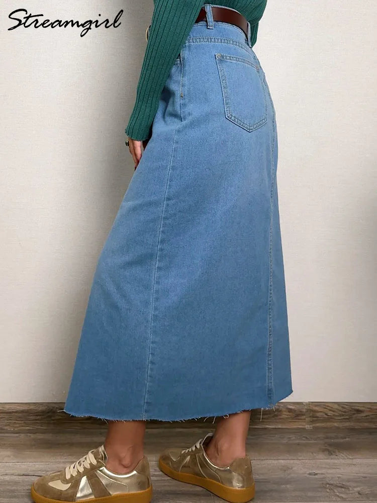 Long Slit Denim Skirts For Women High Waist A Line Maxi Denim Skirt With Slit Summer Midi Blue Jeans Skirts For Woman Long 2025