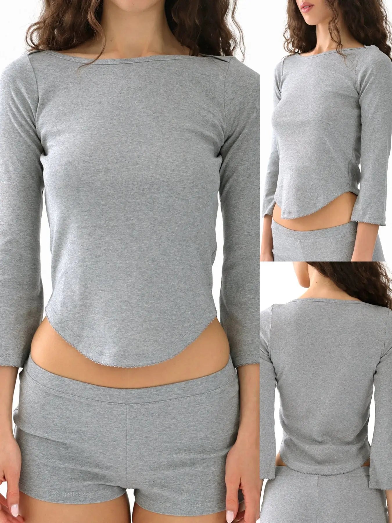 Cou Autumn Three-Quarter Sleeve Black Round Neck Long-Sleeve T-Shirt V-Shaped Hem Design Gray Top Casual Fashion White Top Lace Design Pink Base Shirt