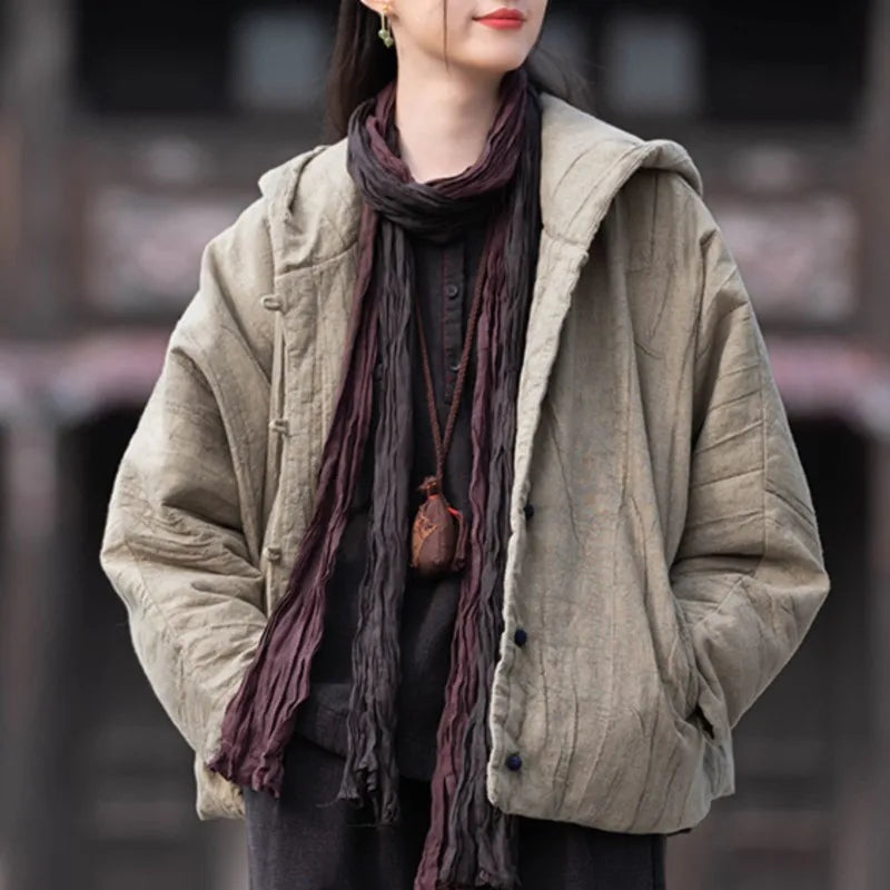Johnature Women Vintage Cotton Ramie Hooded Parkas Button Long Sleeve Warm Coats 2025 Winter New Chinese Style Women Parkas