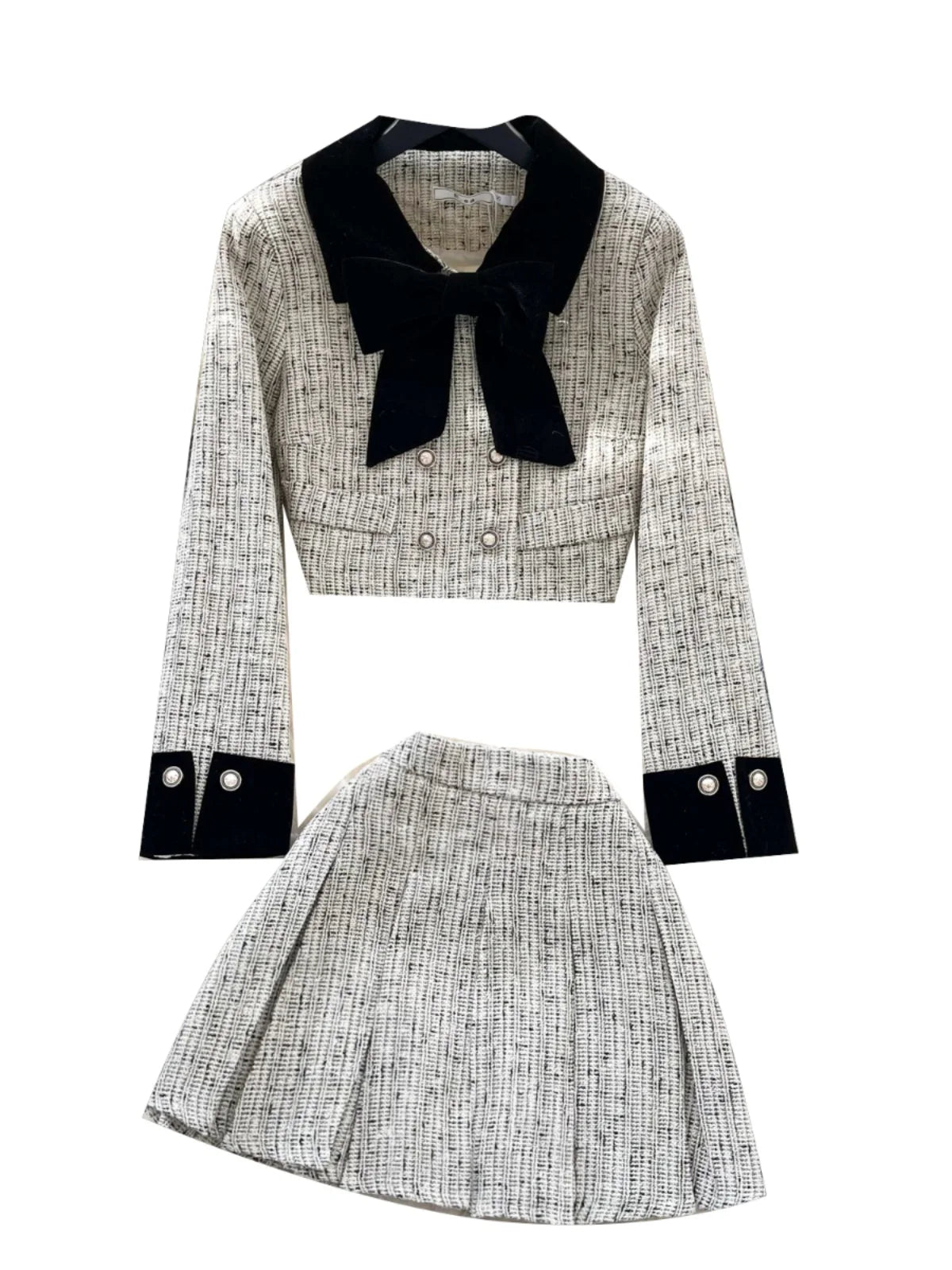 High Waist Midi Skirt And Coat Set for Women in Tweed Material with Long Sves And Bow Design Vintage And Faionable