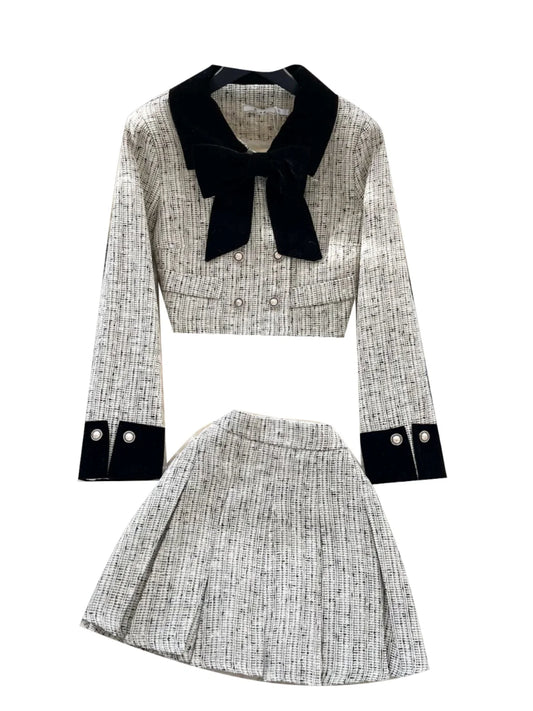 High Waist Midi Skirt And Coat Set for Women in Tweed Material with Long Sves And Bow Design Vintage And Faionable