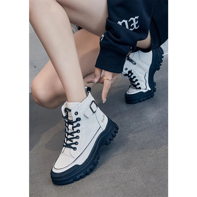 100% Genuine Leather Winter Shoes Women Fashion Modern Boots Brand Ladies Ankle Boots Thick Sole Height Increasing 4cm D238