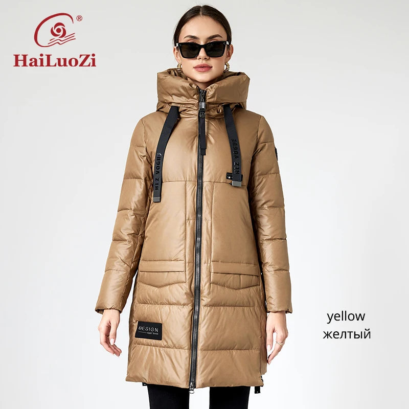 HaiLuoZi 2022 New Women's Coat Hooded Warm and Thick Mid-long Bio Cotton Parkas Side zipper Big Pockets Winter Jacket Women 86