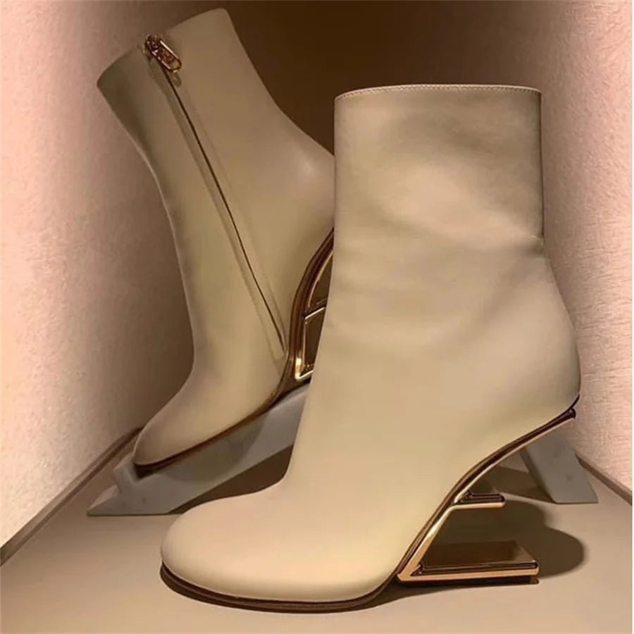 2025 New White Women Letter Strange High Heel Boots Black Wedge Shoes Autumn Winter Leather Short Botas Femininas Ladies Wedges