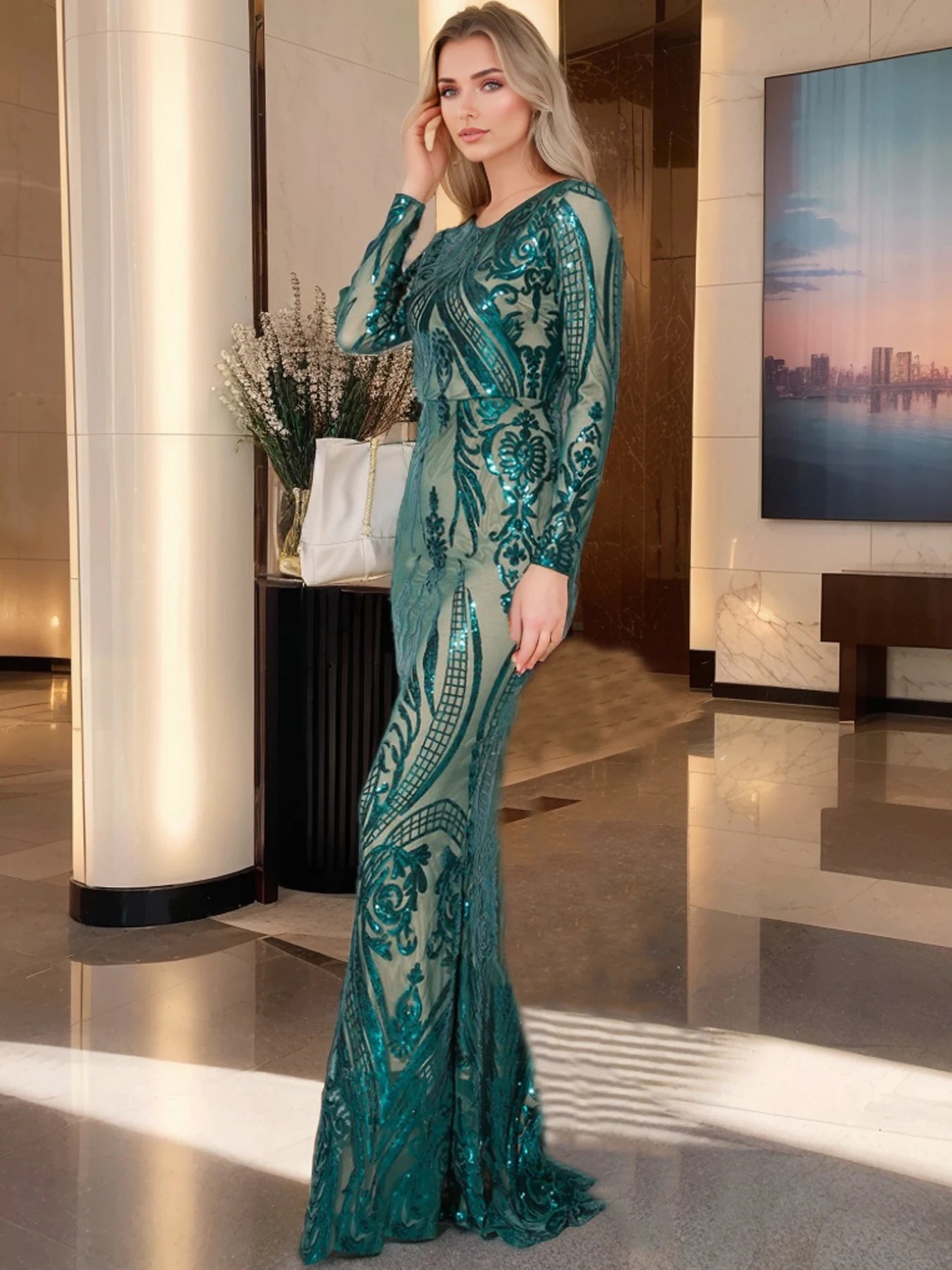 Romagic O Neck Modest Evening Party Dress Women Long Sleeves Sequins With lining Elegant Formal Dinner Prom Gown Green Burgundy