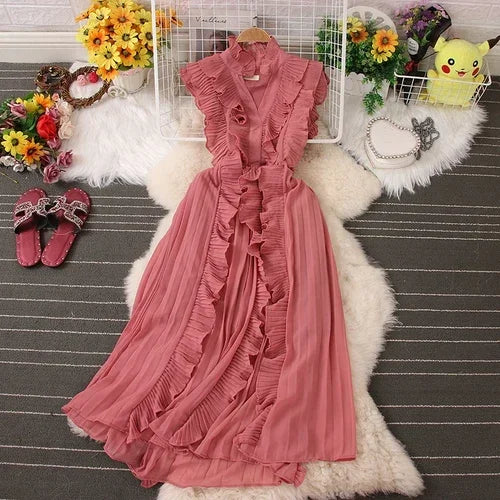 Sweet Ruffles Skinny Dresses Spring Casual Sleeveless V-neck Elastic High Waist Pleated Femme Vestidos Chic Solid Colours Dress