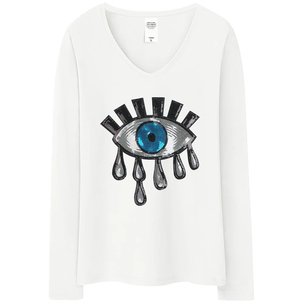 New Summer  Women Cotton Tears T Shirts Ladies Big Eyes Embroidery Sequins T-shirt Loose Style Casual Tshirt Women Casual Tops