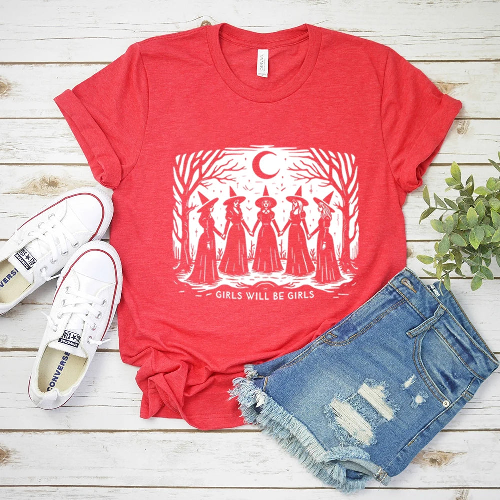 Halloween Witch Shirt Vintage Girls Will Be Girls Witch T-Shirt Women Feminist Tee Ironic Aesthetic Shirts Spooky Season Tops