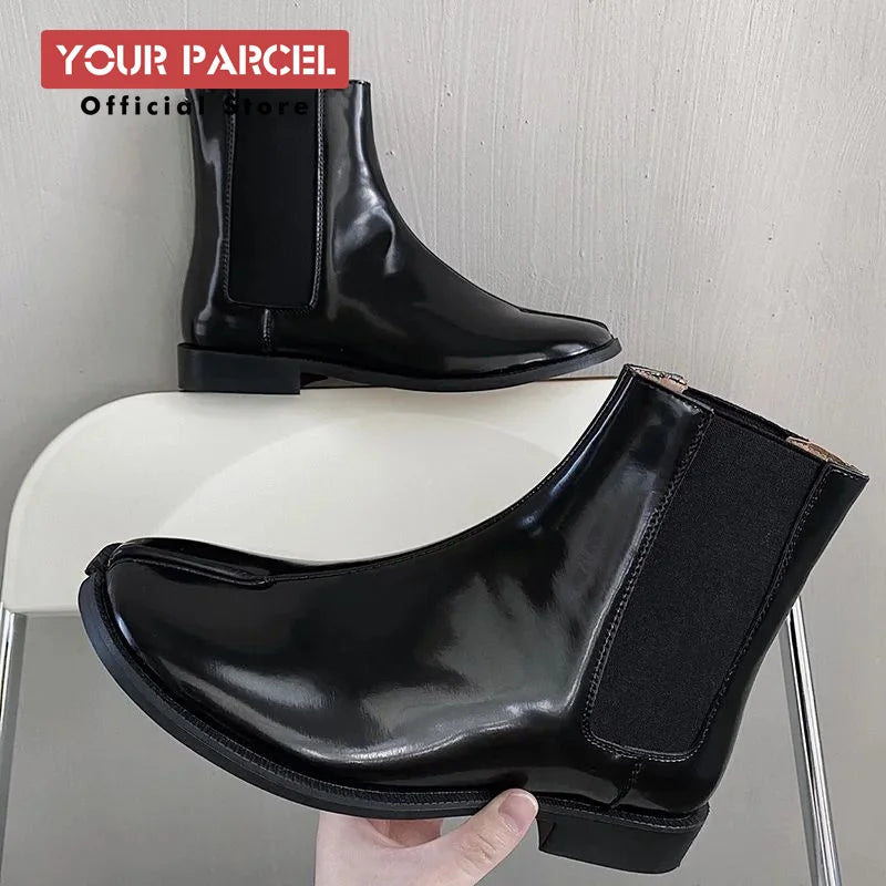 Men's split toe leather boots square toe leather shoes  English style short boots  women's Chelsea boots horseshoe shape
