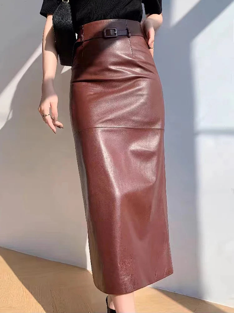 Women's Ankle Long Leather Skirt with Waist Belt Female Soft genuine Leather Back Split Straight Jupe Slimming 85 cm Maxi Faldas