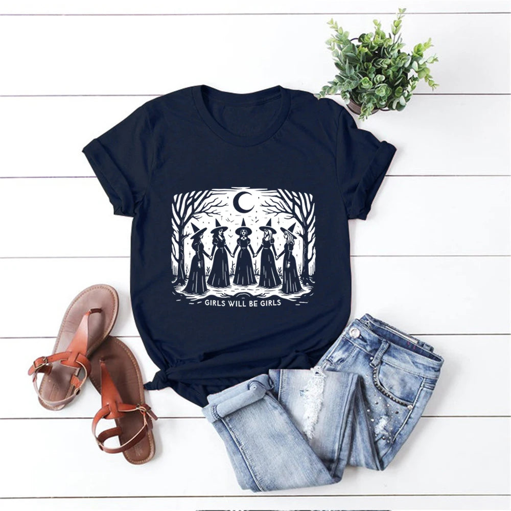 Halloween Witch Shirt Vintage Girls Will Be Girls Witch T-Shirt Women Feminist Tee Ironic Aesthetic Shirts Spooky Season Tops