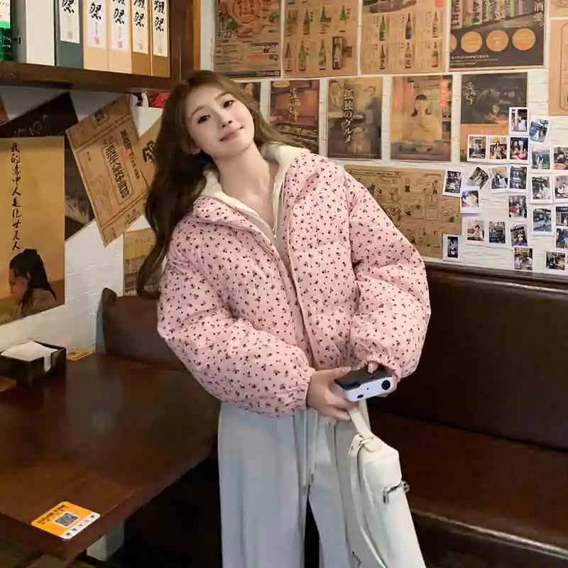 Fashionable Women Floral Cotton Coats Winter Korean Style Stand Collar Full Sleeve Tops Cute Warm Female Short Jackets
