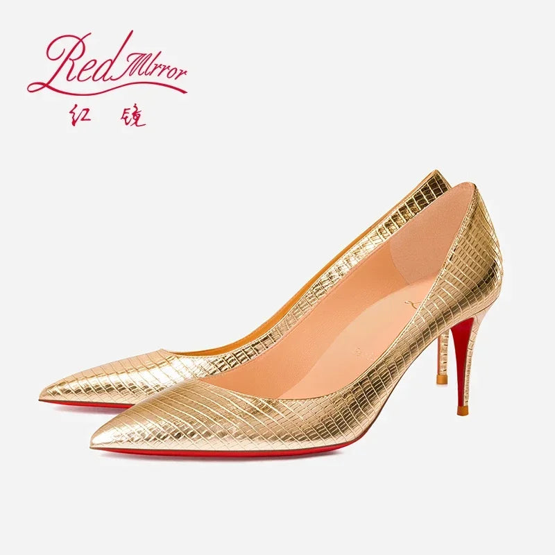 Spring/Summer Red Bottom Lizard Pattern Embossed Gold Pointed Shallow Mouth Slim Heels Sexy Banquet High Heels Single Shoes