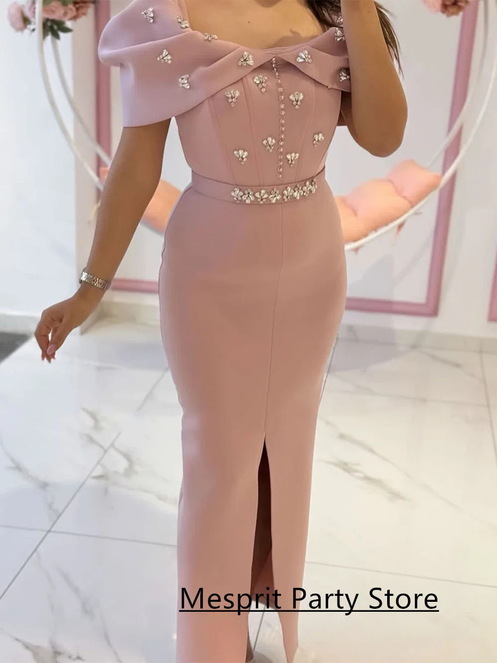 Arabian Evening Dress Crystal Customized Off The Shoulder Front Slit Ankle Length Party Dresses for Dancing Prom Gown