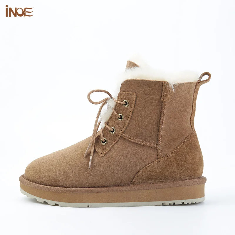 INOE Women Fashion Casual Short Winter Snow Boots Sheepskin Suede Leather Shearling Sheep Fur Wool Lining Warm Shoes Waterproof