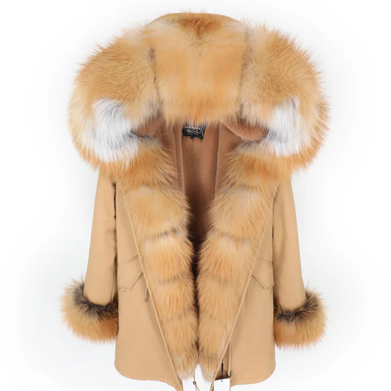 Maomaokong Winter Women Luxur Beige Fur Coat Natural Real Fox Fur Waterproof Jacket Hooded Thick Warm Fashion Long Black Parkas