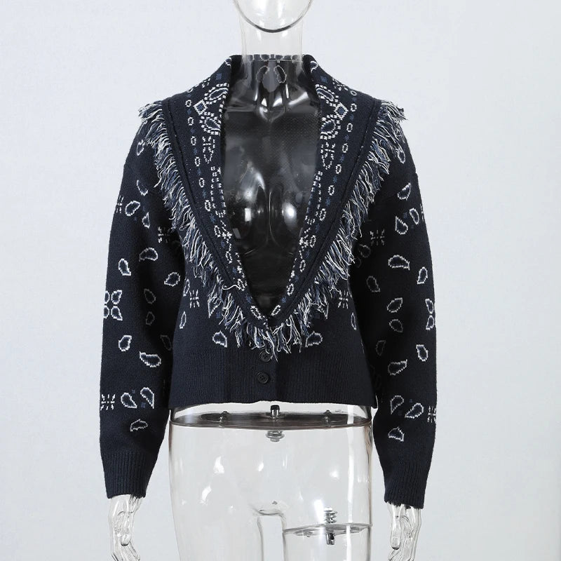 Fashion Lace Up Floral Tassel Patchwork Sweater For Women Elegant Long Sleeve Belt Knitted Cardigan Jacket Lady Chic Street Tops