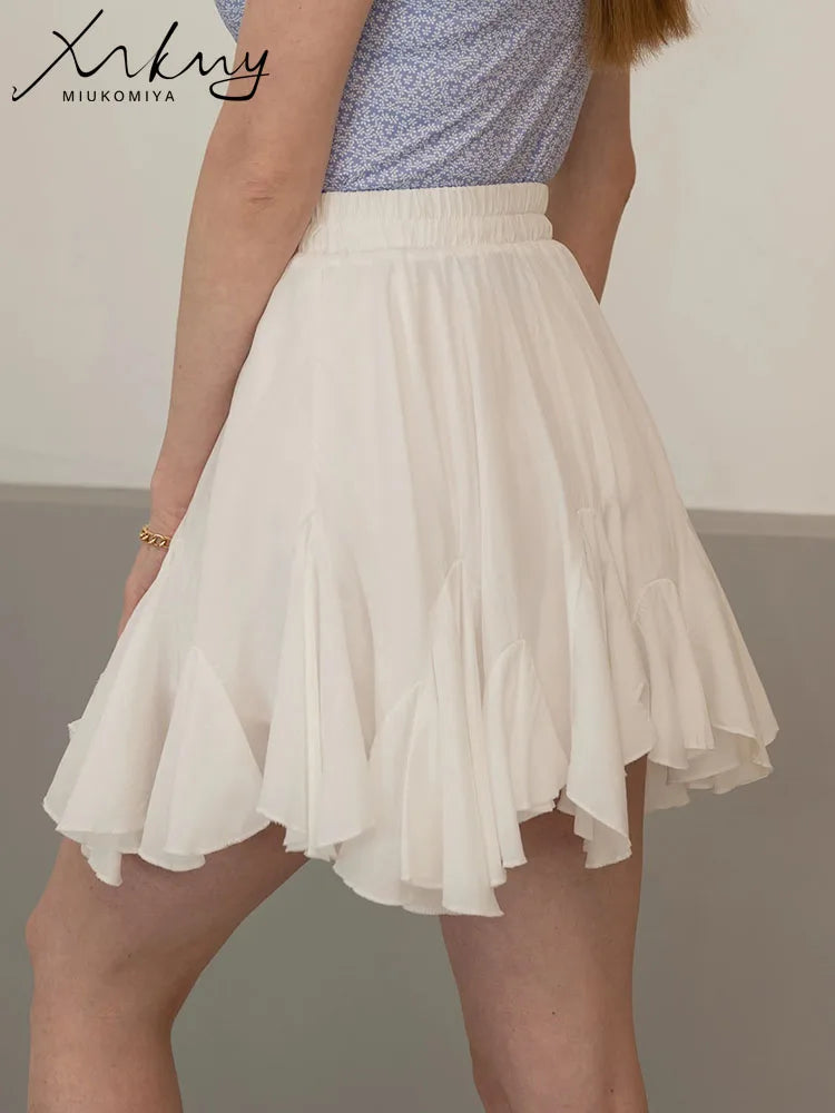 MiuKiMiYa White Pleated Mini Skirts Women Summer 2025 High Waist Irregular Pleated A Line School Black Short Skirts For Women