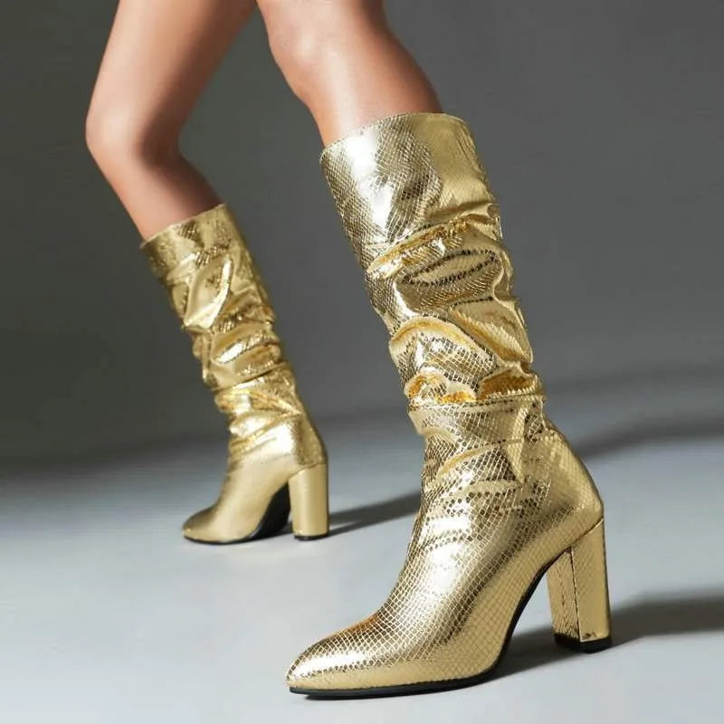 Women's Fashion Thick Heel Single Boots Autumn New Pointed Head Sleeve Fold Anti-slip Wear-resistant High Boots