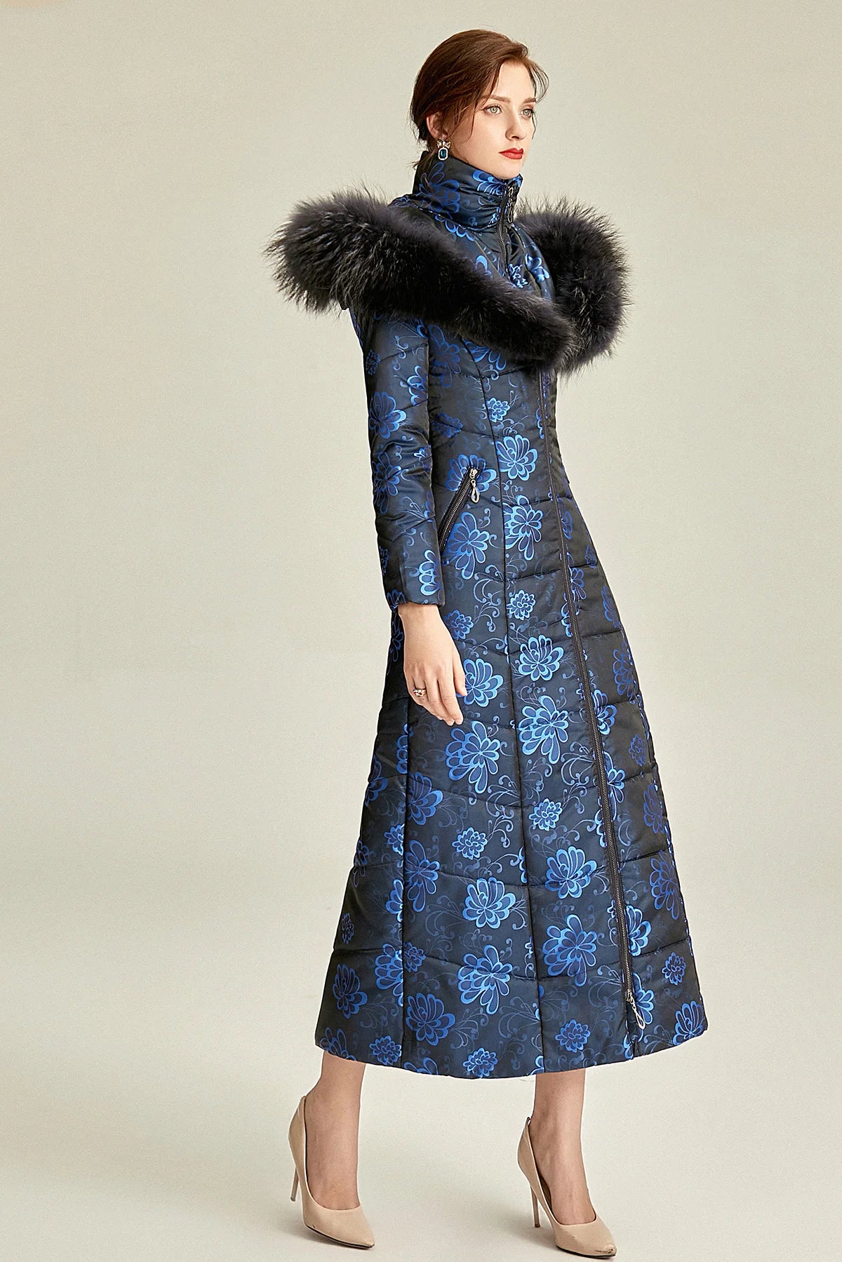 England Style Women Winter Fur Hooded Coat Zipper Long Sleeve Jacquard Parkas Space Cotton Floral Thick Coat Jacket Vintage