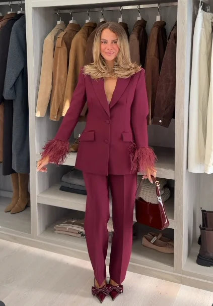 Lady Solid Lapel Blazer Suit Full Sleeve V-neck Single Breasted Straight Leg Pants Suits 2025 Fashion New Office Commute Outfit