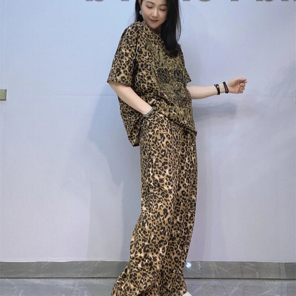 Two Piece Sets Womens Outfits Vintage Style Leopard PrintedCartoon Diamonds Summer Short Sleeve Pant Sets Women Casual Knitwear